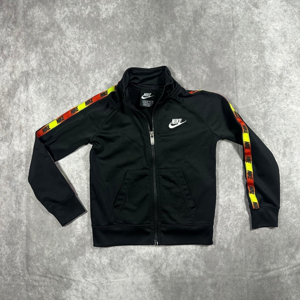 Retro Nike Kids Black Track Jacket Neon Logo Sleeve Tape Full Zip Size 3-4 Yrs